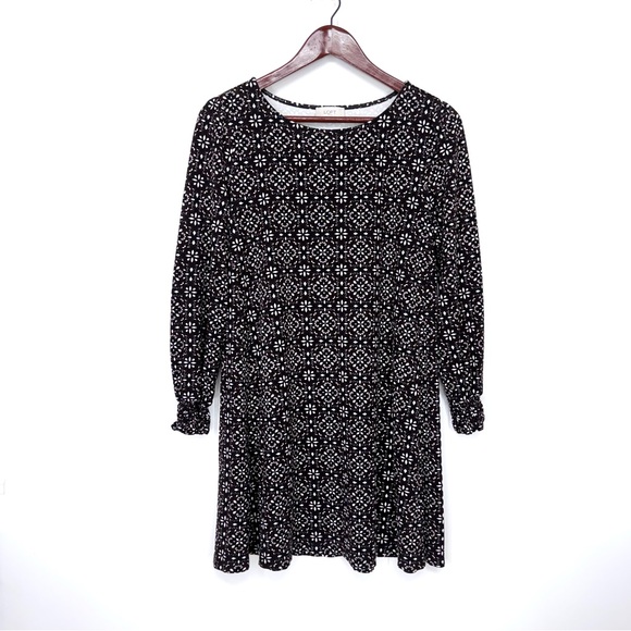LOFT Geometric Dark Floral Long Sleeve Soft & Stretchy Mini Dress Black Brown - Picture 1 of 15